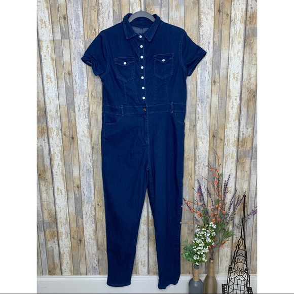 unbranded Pants - Unbranded Button Up Collared Denim Jumpsuit
